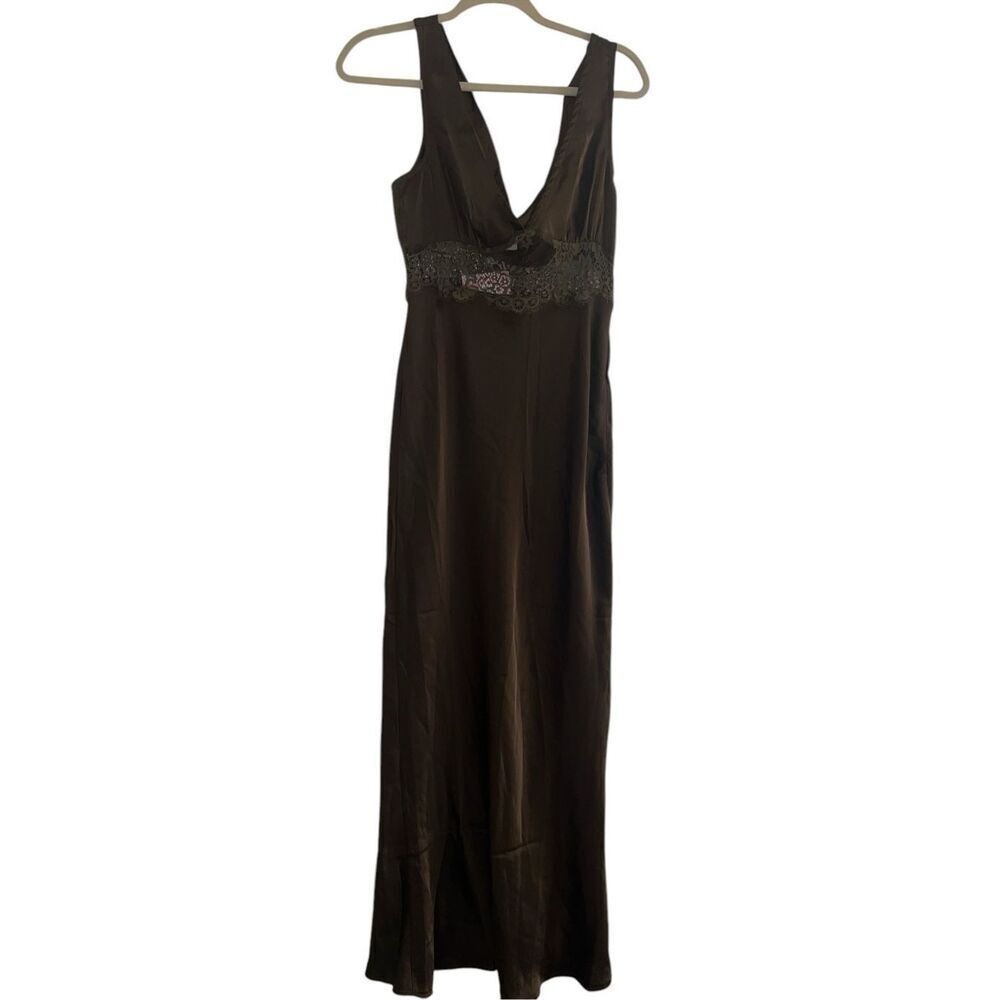 ✨JULIET MIDI DRESS - V NECK LACE INSERT SATIN SLIP SZ 6 DRESS IN CHOCOLATE✨ - Picture 8 of 13